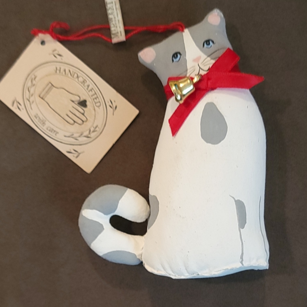 HandCrafted Gray and White Fabric Cat Ornament by Midwest Imports
